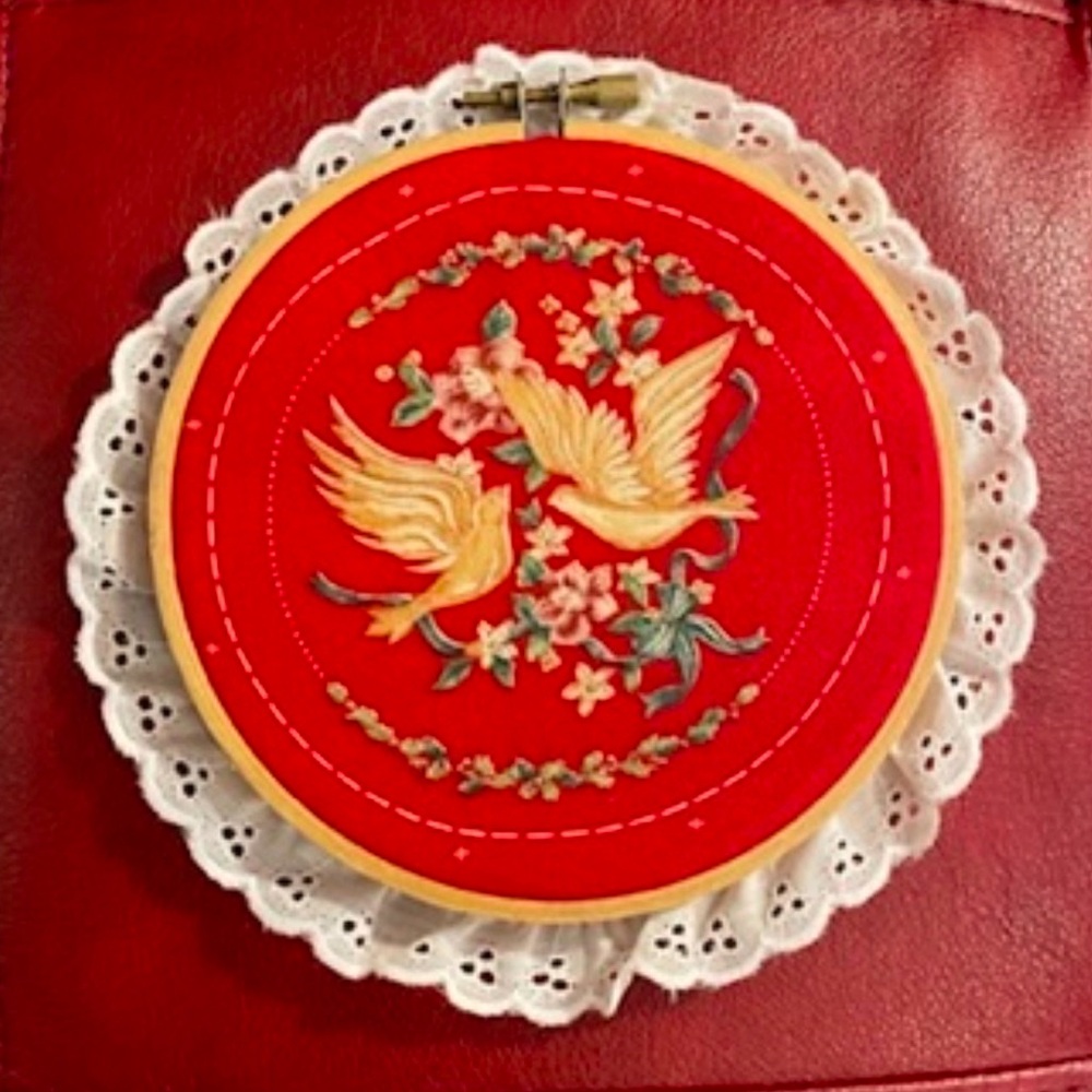 EUC Red Embroidered Hoop Art with Birds & Flowers Measures 5 & 1/2” or 6 & 1:2”